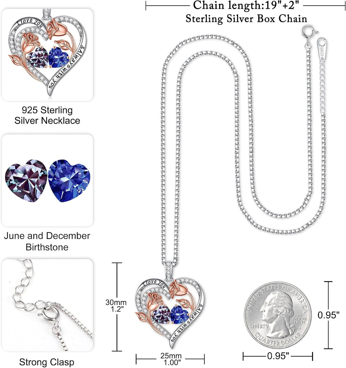 Iefil Birthstone Necklace for Women - Rose Heart Necklace