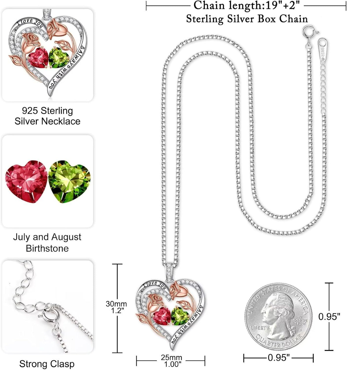 Iefil Birthstone Necklace for Women - Rose Heart Necklace