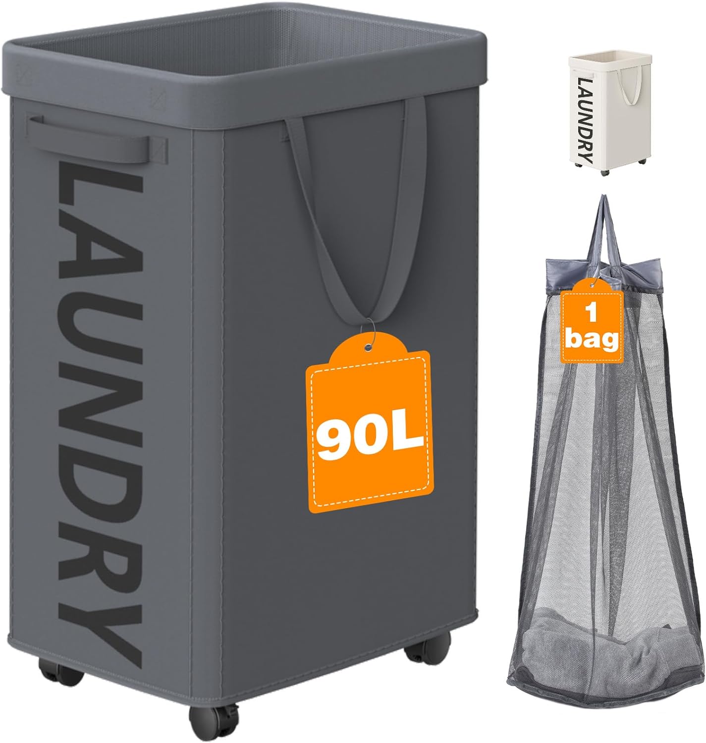 Optish Laundry Basket with Wheels, 90L Rolling Laundry Hamper with Wheels, Large Clothes Hamper on Wheel with Removable Mesh Bag for Bedroom, Bathroom, Dorm, Grey
