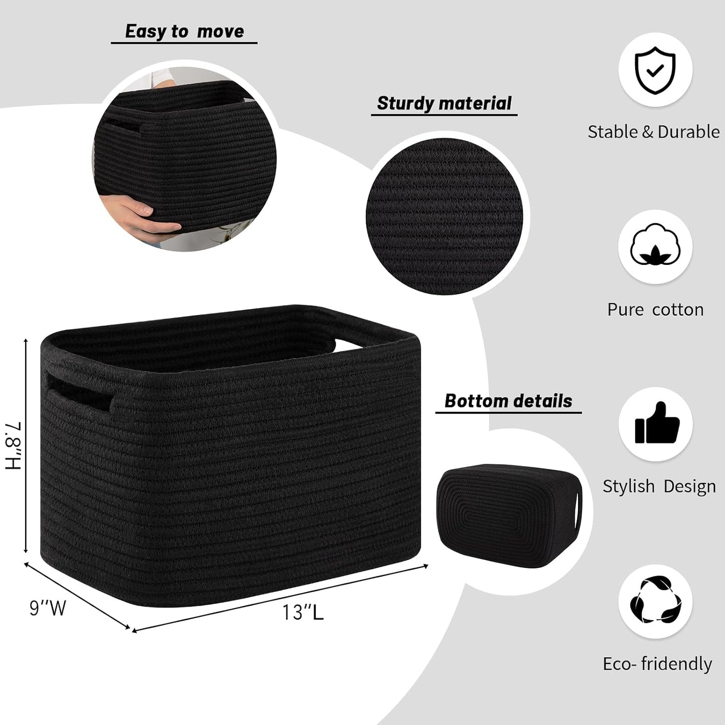 4 Pack Storage Baskets for Organizing Toys, Towels, and Clothes, Woven Basket for Shelves, Sturdy Nursery Cube Bins for Storage, 13''L x9''W x7.8''H, Black