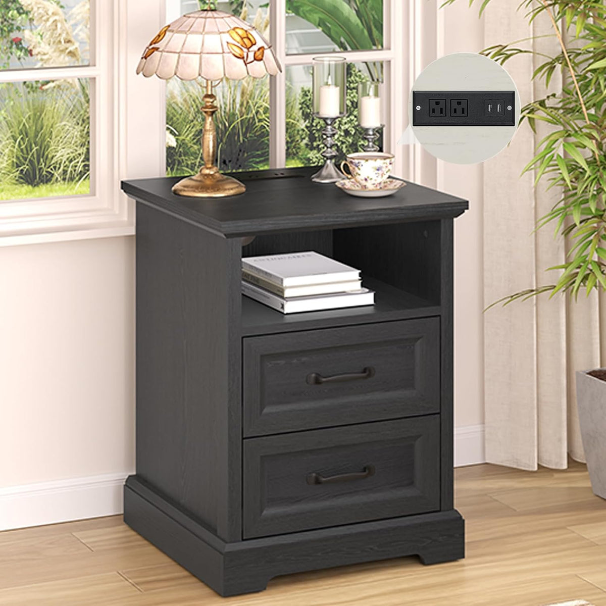 HOMMPA Farmhouse Nightstand w/Charging Station, Open Shelf 23.6''H Black