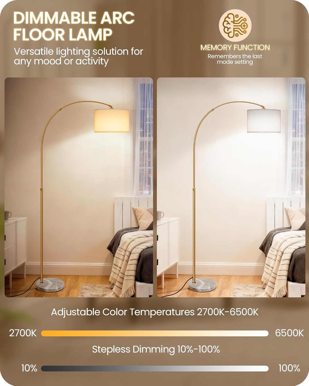 75" Arc Floor Lamp with Marble Base and Adjustable Height, Rotating Hanging Shade, Dimmable Floor Lamp for Living Room with Remote and Foot Switch, 3CCT, Over Couch Arched Light, White Gold DW15LD05