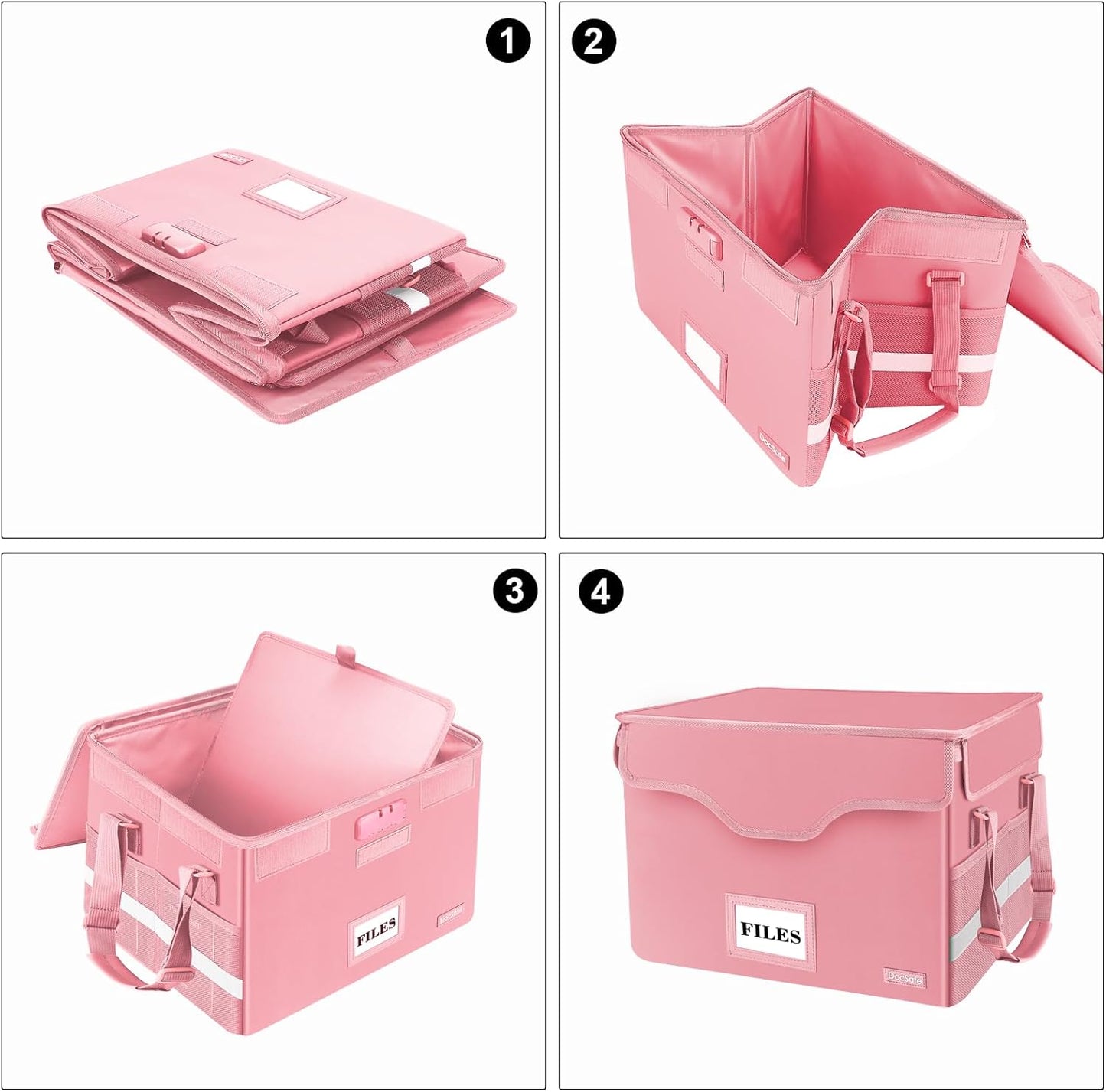 DocSafe Fireproof Document Box with Lock,File Storage Organizer with Zipper Pockets,Collapsible Portable File Box Home Office Safe Filing Cabinet with Handle for Hanging Letter/Legal Folder,Pink
