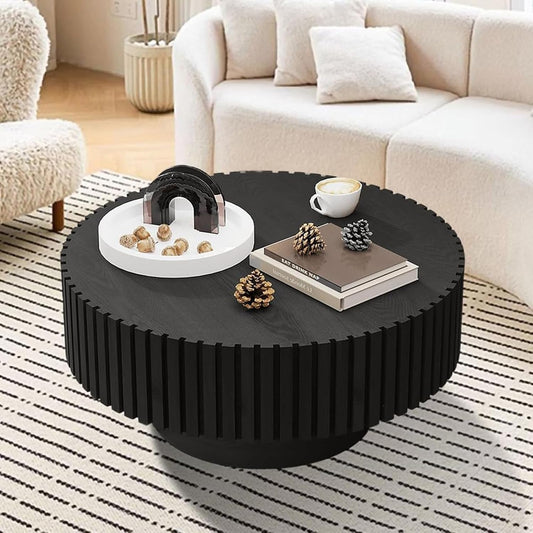 31.5" Round Drum Fluted Coffee Table (G) | Mid-Century Modern, Easy Assembly, Sturdy Pedestal, Center Tables for Apartment Living Room