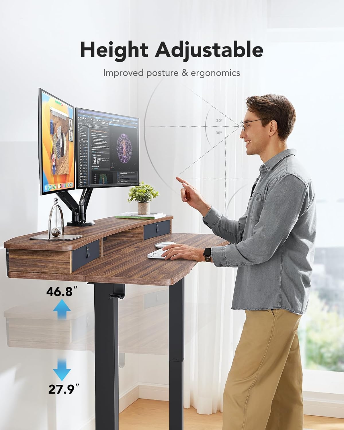 HUANUO 48″ x 24″ Electric Standing Desk with 2 Drawers, C-Clamp Mount Compatible, Height Adjustable Computer Desk, Home Office Stand Up Desk with 4 Preset Heights & 2 Hooks, Walnut