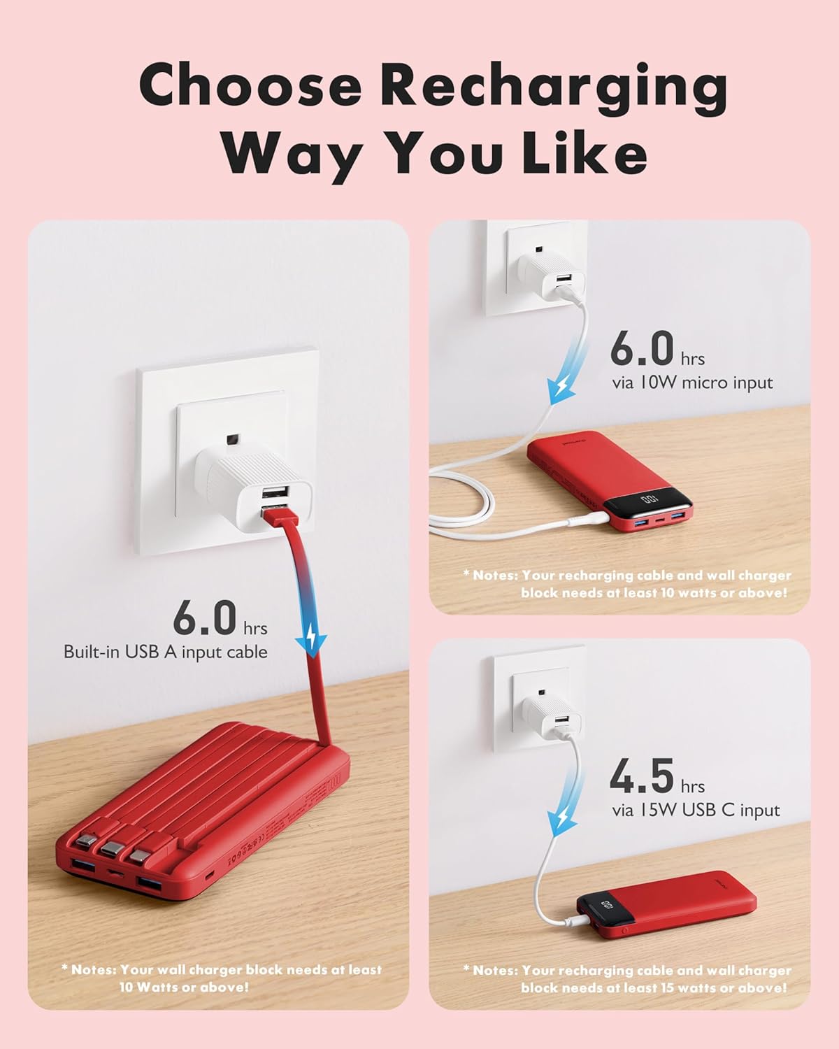 charmast Portable Charger with Reinforced Built-in 4 Cables,10000mAh Power Bank Travel Essentials 6 Outputs 3 Inputs 3A Fast Charging Compatible with iPhone iPad Samsung Google Pixel LG Moto etc.
