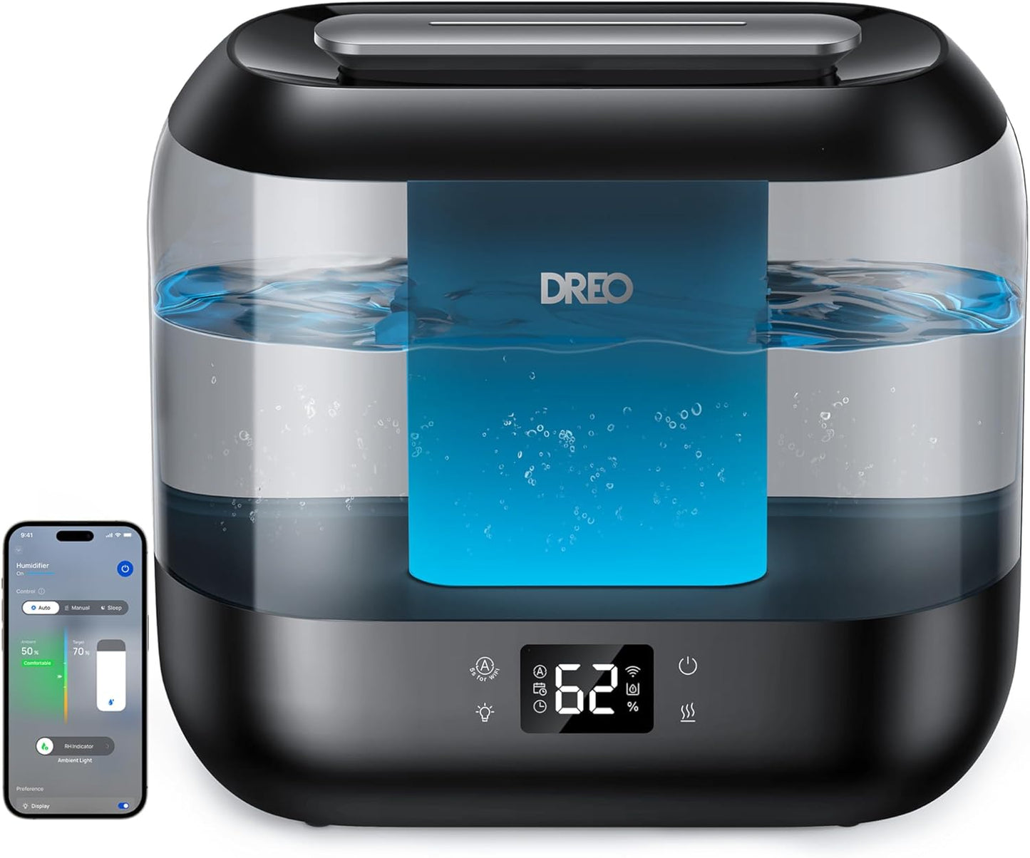 Dreo Smart Humidifiers for Bedroom, Top Fill 4L Supersized Humidifier Large Room with 28 dB, 36H Runtime, Touch/APP/Voice Control, Nightlight, Cool Mist Humidifiers for Baby, Plants, Indoor, Black