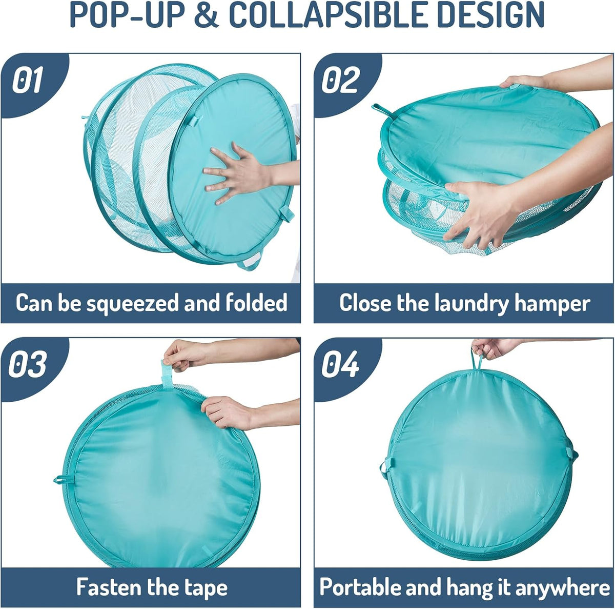 Seiritex Mesh Popup Laundry Hamper 115L Collapsible Laundry Basket No Lid Extra Large Capacity Foldable Clothing Storage Basket with Handles 26 H x 18 W x 18 L (Turquoise Blue)