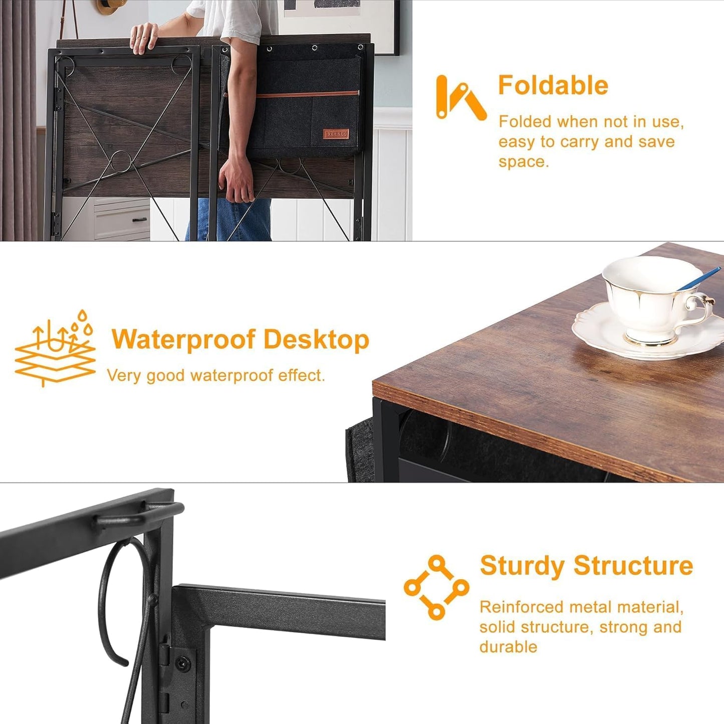 VECELO 39 Inch Folding Desk Simple Assembly, Writing Computer Desk for Home Office Study Office Foldable Table for Small Spaces,Classic Brown