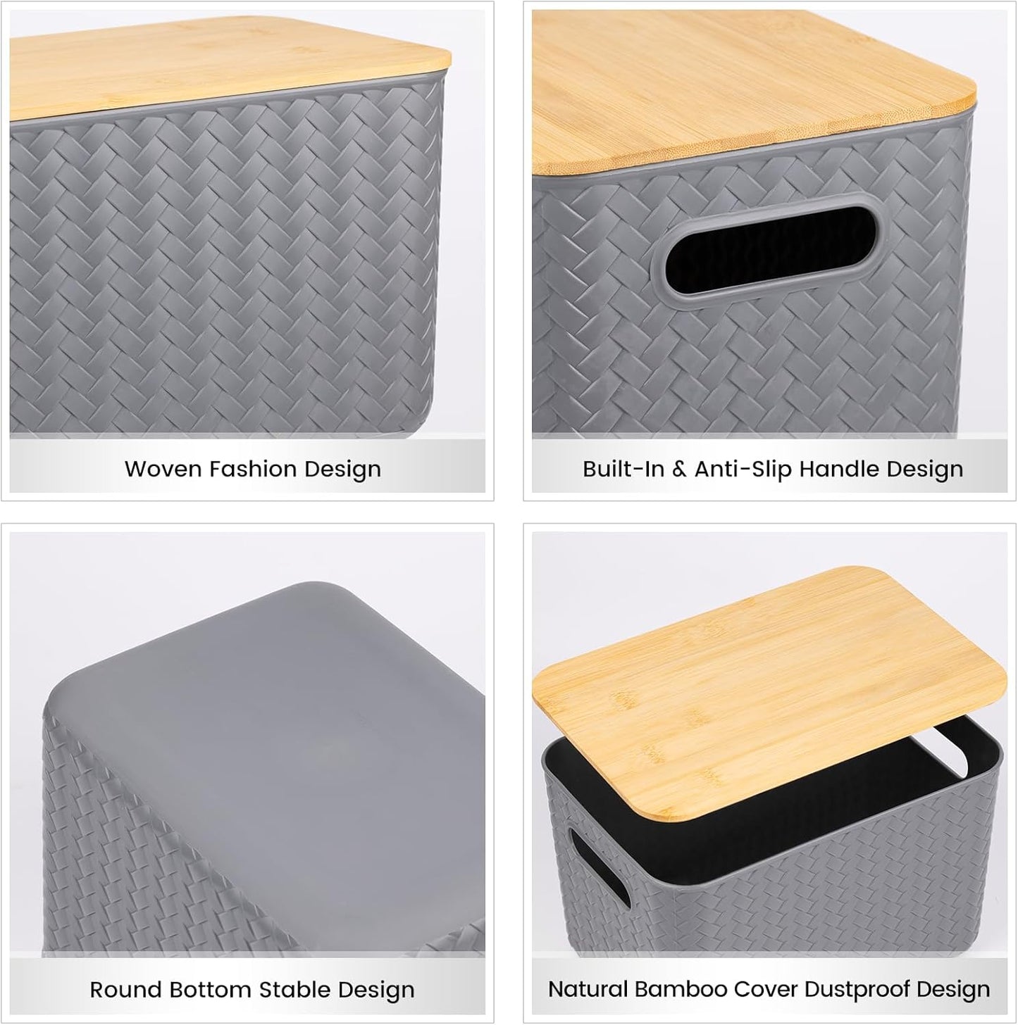 Ohmlove 4 Packs Storage Bins with Bamboo Lids - Plastic Storage Containers with Lids Stackable Storage Box：Storage Baskets for Organizing Desktop Closet Playroom Classroom Office,Gray