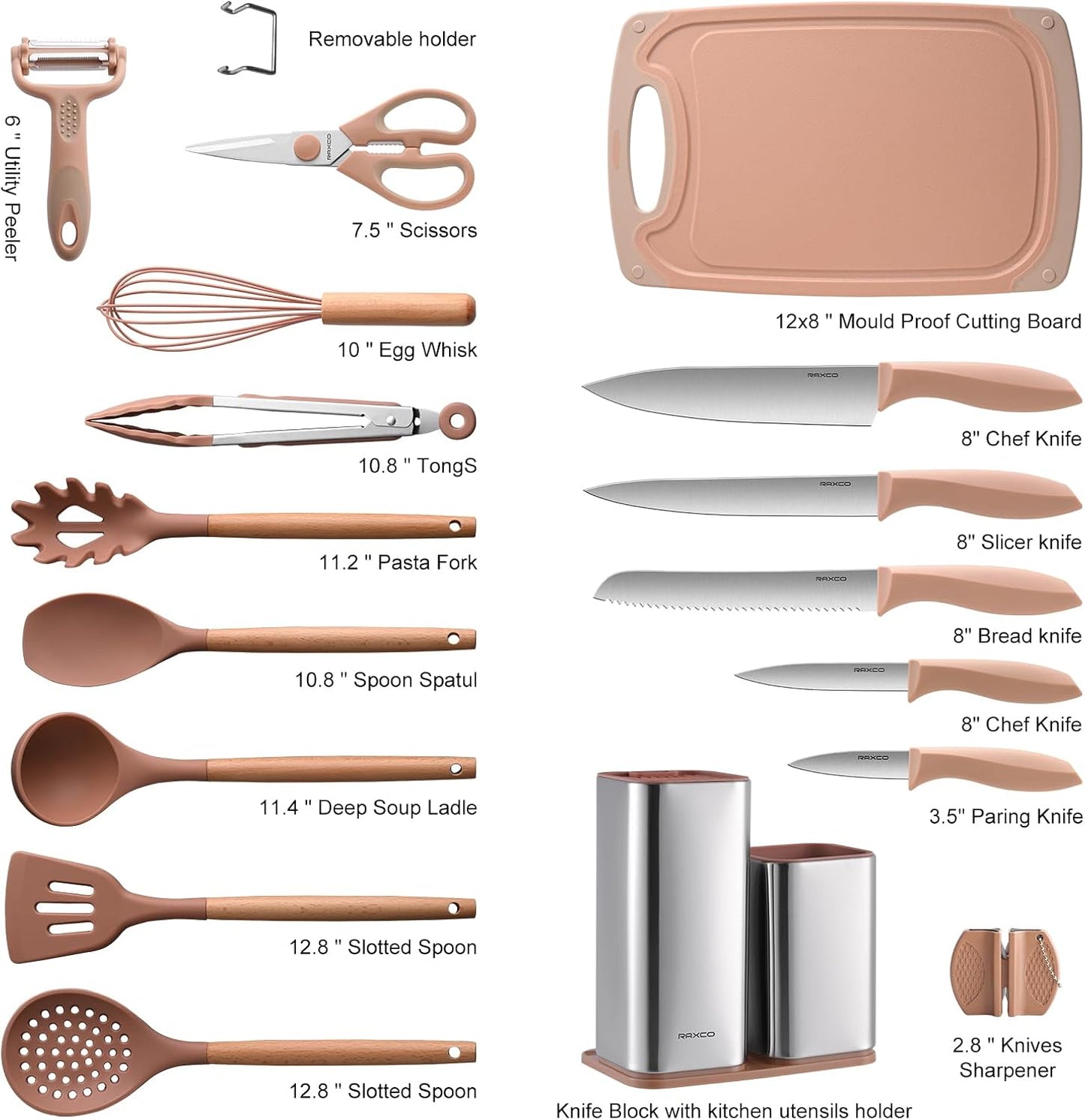 RAXCO Utensil Sets,18-Piece Silicone Cooking Utensils and Kitchen Accessories with Holder,Mousse