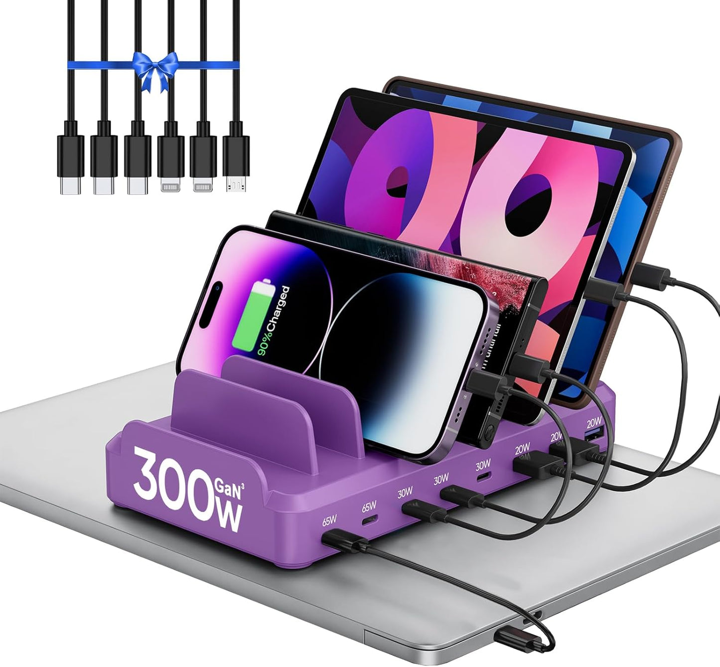 300W Charging Station for Multiple Devices, 8 Port Multi USB C Fast Charger Station Dock for MacBook iPhone 17/16/15/14/13/12 Samsung Pixel Series iPad, Black (6 Mixed Short Cables Included)