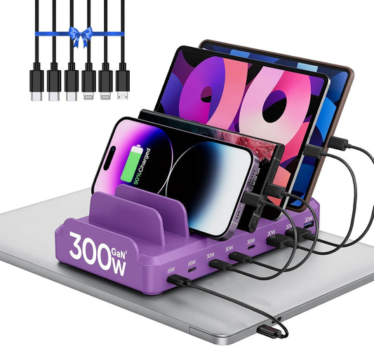 300W Charging Station for Multiple Devices, 8 Port Multi USB C Fast Charger Station Dock for MacBook iPhone 16/15/14/13/12 Samsung Pixel Series iPad, Purple (6 Mixed Short Cables Included)