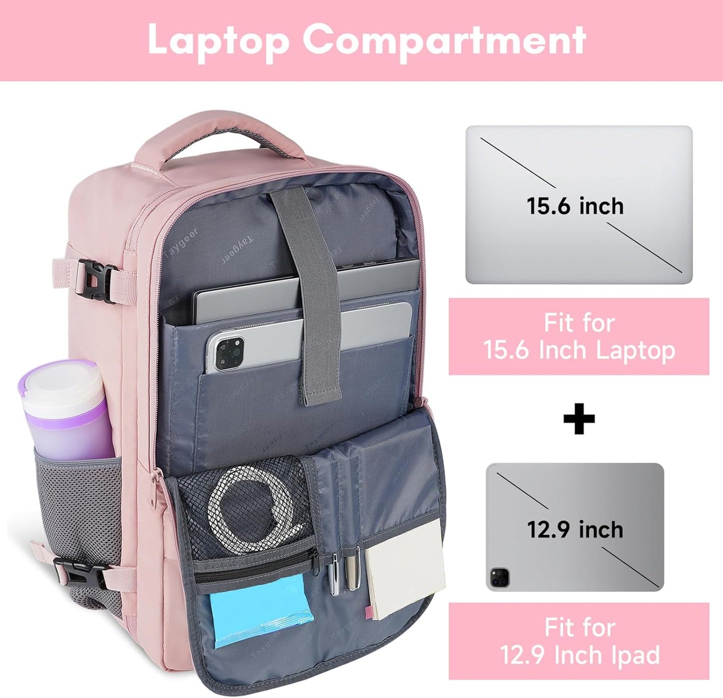 Taygeer Travel Backpack for Women, Carry On Backpack with Water Bottle Pocket & Shoe Pouch, TSA 15.6inch Laptop Mochila Flight Approved, Nurse Bag Casual Daypack for Weekender Business Hiking, Pink