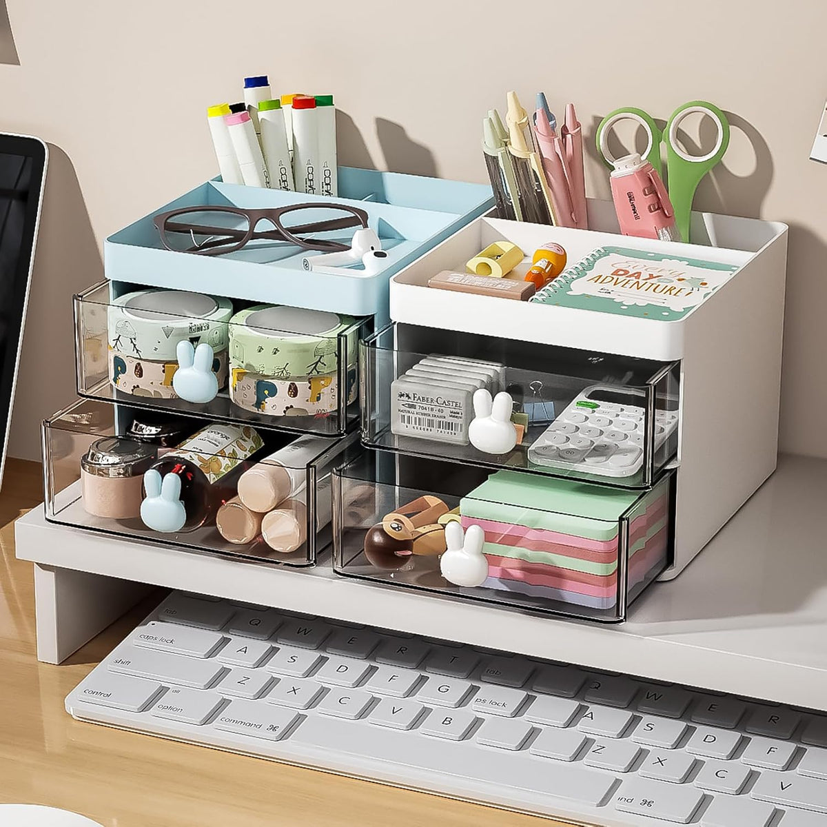 Marbrasse Small Desk Organizer with Drawer, Multi-Functional Pen Pencil Holder Storage Box, Desk Organizers and Accessories with 3 Compartments + 2 Drawer for Office Art Supplies(White)