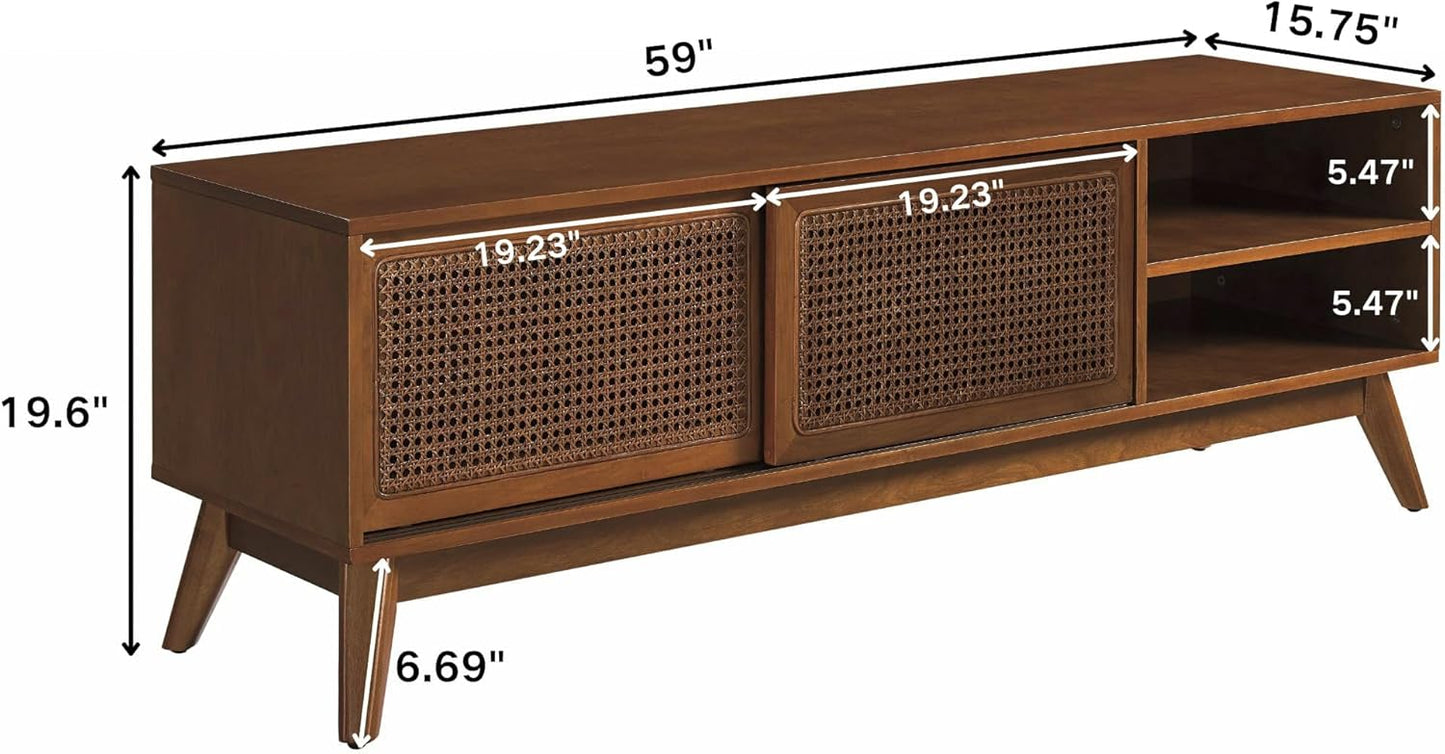 LKTART 59" Mid Century Modern TV Stand,Rattan Media Console for Living Room