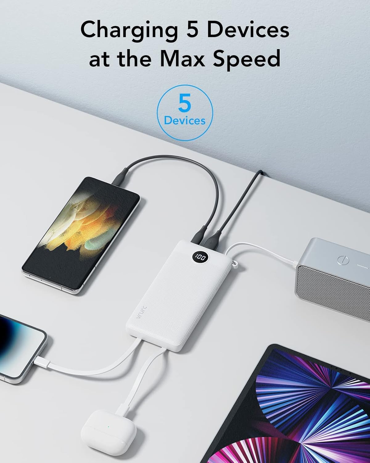 VRURC Portable Charger Built in Cables, Slim Power Bank 10000mAh, Multi Devices Charging Bank with Lanyard, USB C Battery Pack 5 Outputs for for All Cell Phones Devices, Samsung,Android-White(1 Pack)