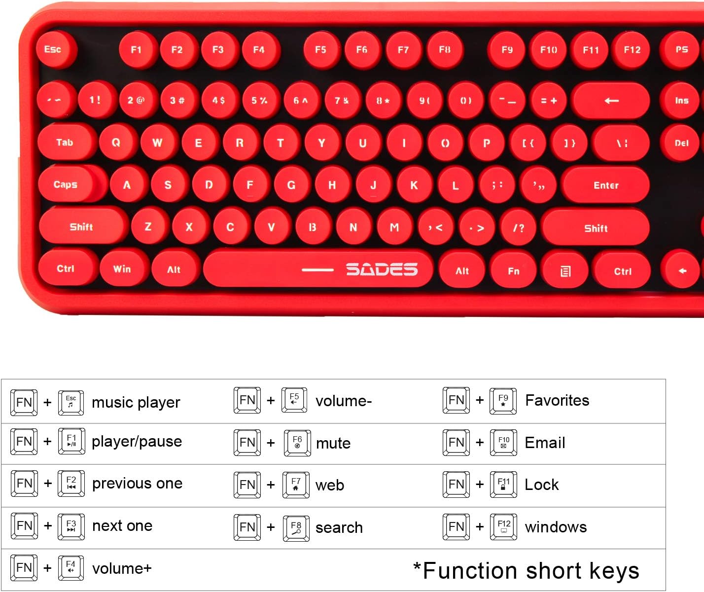 Red Wireless Keyboard and Mouse Combo, Retro Typewriter Style Round Key Keyboard with Bubble Keycaps, 2.4GHz Creamy Clicky Aesthetic Full Size Keyboard with Number Pad for PC Laptop Desktop