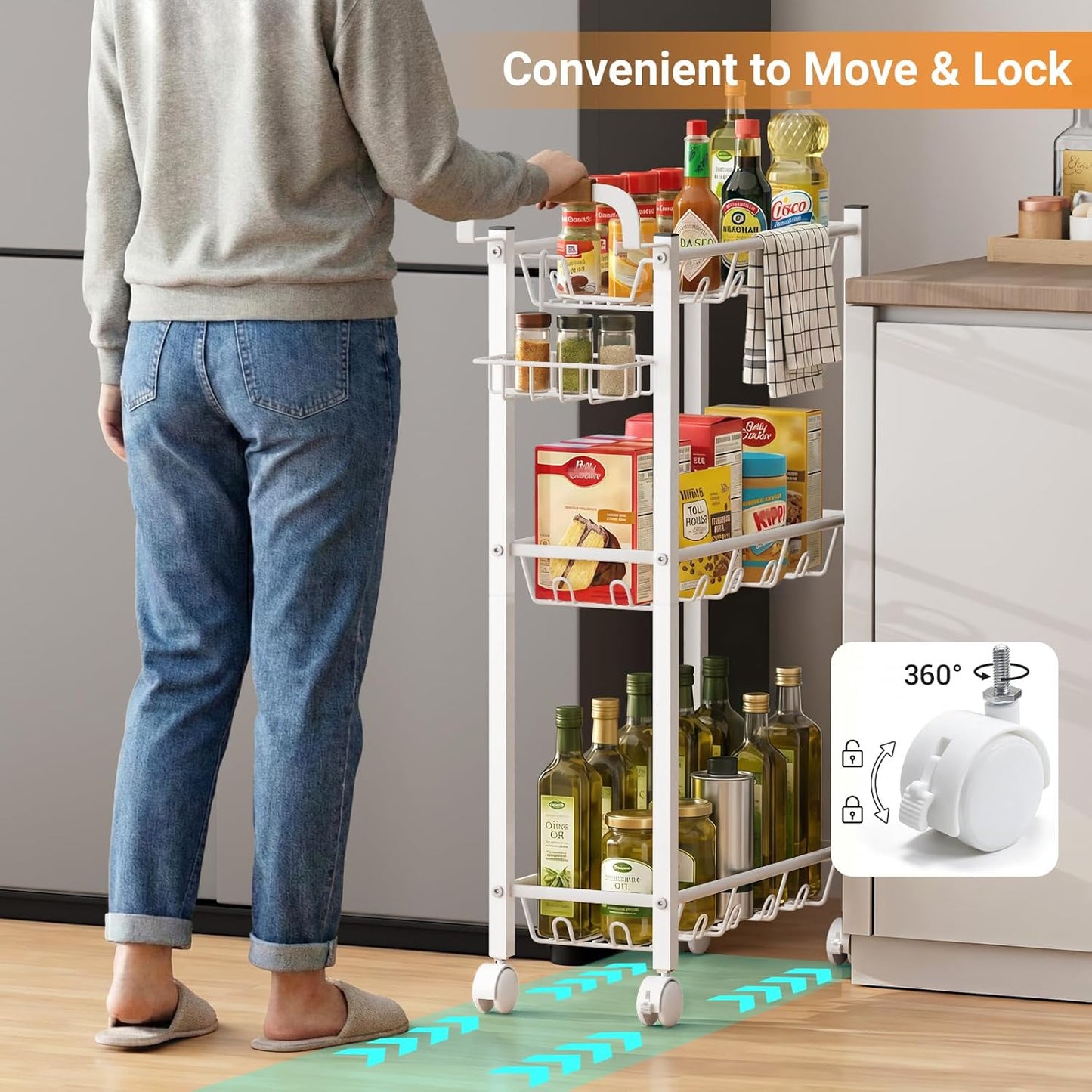 AOODA Laundry Room Cart with Top Detergent Holder, Metal Rolling Storage Cart Between Washer and Dryer, 3 Tier Narrow Laundry Room Organization and Storage with Wheels (White)