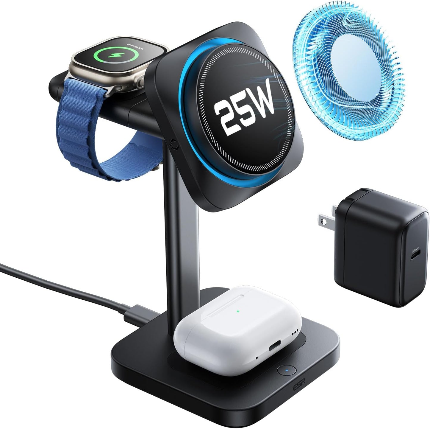 ESR 3 in 1 Charging Station, Qi2.2 Certified for iPhone 17/16 with iOS 26 | 25W MagSafe Charger Stand w/Cryoboost, Phone Cooling Wireless Charger, for AirPods & Apple Watch, Fast Charging Dock