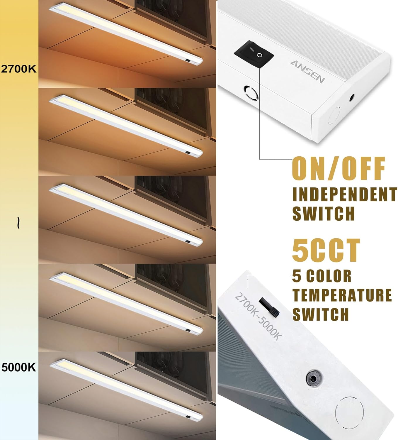 Ansen Hardwired Under Cabinet Lighting, 24in 18W LED Light for Kitchen/Closet, 1237lm, CRI>92, R9>90, 5 Color Temperature, Dimmable, 2700K-5000K(Warm White, Cool White, Daylight)