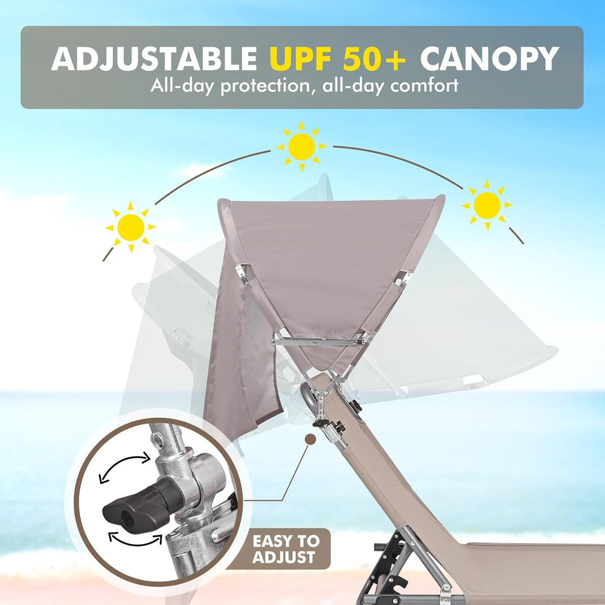 Tanning Chair with Sun Canopy Face Hole Softer Padded Adjustable Washable, Heavy Duty Layout Folding Lounge Chair for Adults Outside Beach Reading Sunbathing Poolside Lawn, UPF 50+ Sun Shade, 300 LBS