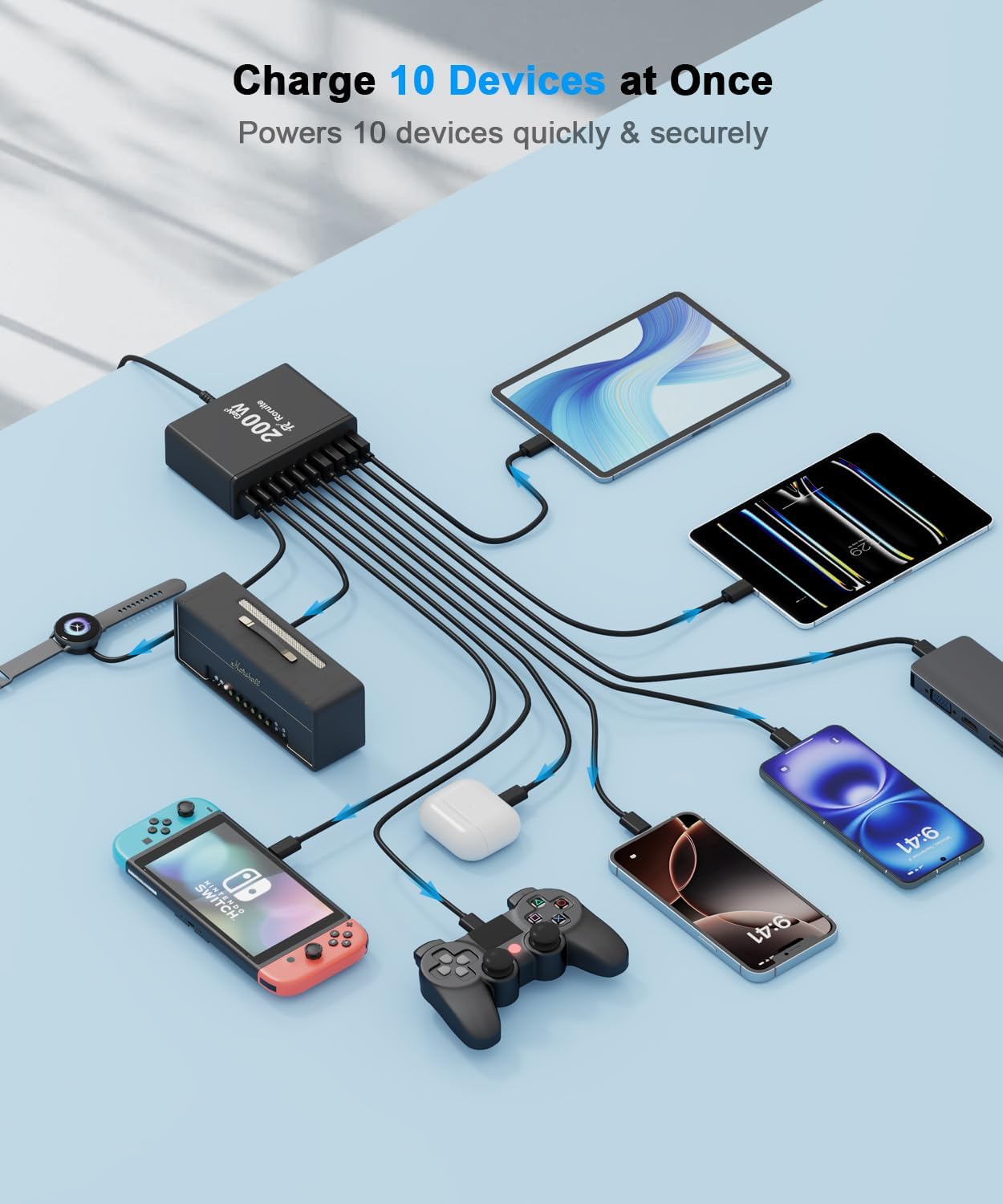 USB C Charging Station 10 Port with 4 Cables,200W GaN Type C Charger Block,Wall Charger Power Strip Adapter Plug for iPad iPhone17 16 15 14 13 12 Pro Max Pixel Note Galaxy