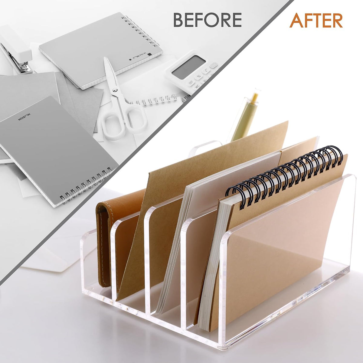 SANRUI Acrylic Mail Organizer with Pen Holder, Clear Mail Sorter, 4-Slot