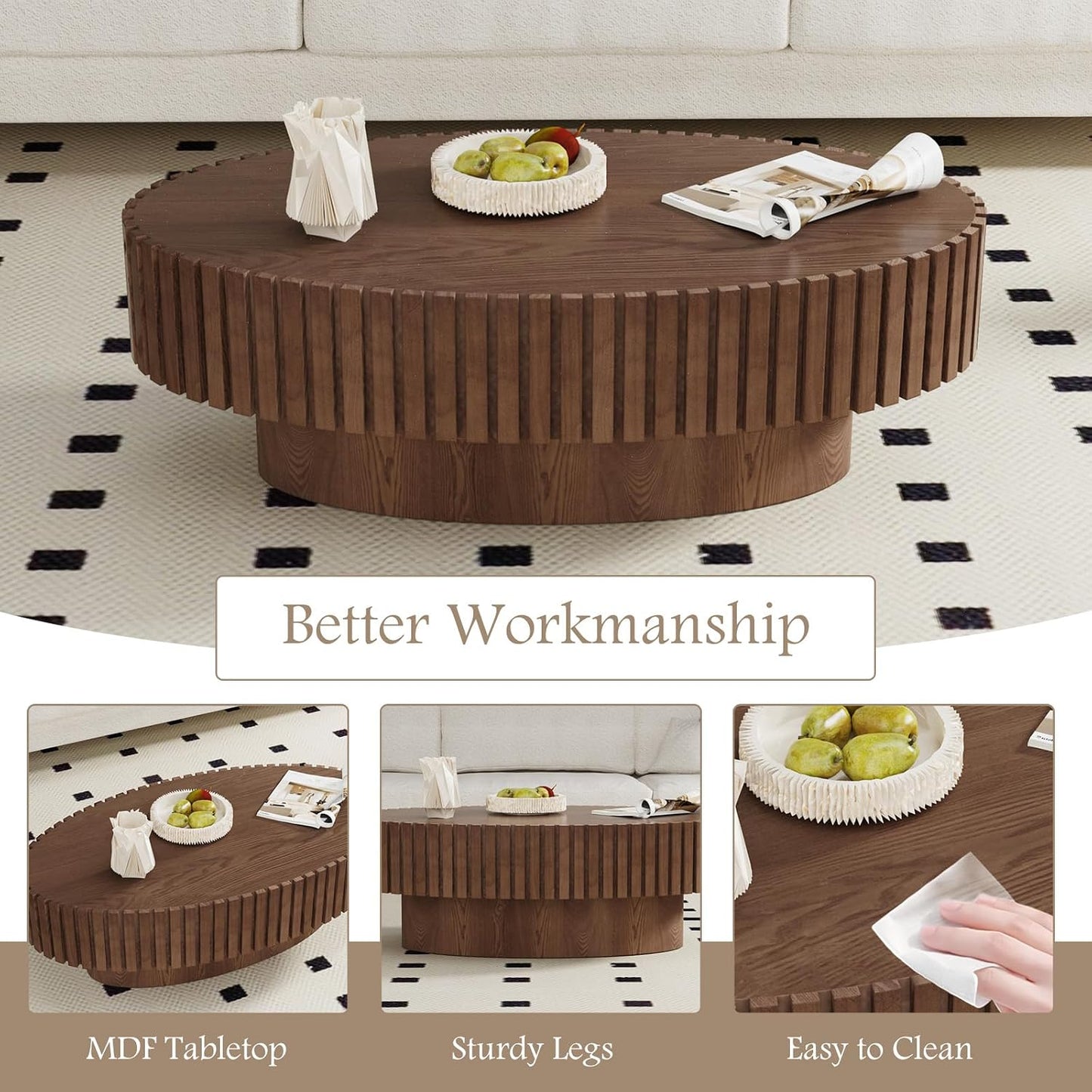 43.3" Oval Wood Coffee Table (Dark Brown) | Fluted Design, Modern Handcraft Drum Center Table, Solid Wood Relief, Sturdy Pedestal, For Living Room Home Office