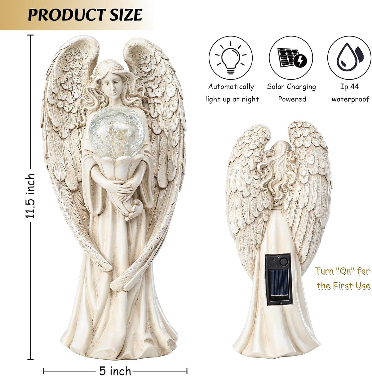 Garden Angels Outdoor Statue, Solar Angel with Crackled Glass Globe Outdoor
