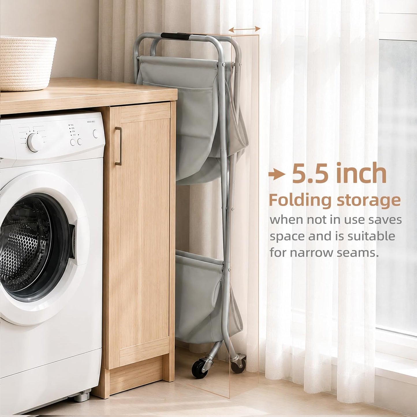 STORAGE MANIAC Collapsible Laundry Cart with Wheels 31.5"H Rolling Laundry Hamper Clothes Basket with Wheels, Canvas Liner Sturdy Steel Frame Folding for Small Narrow Space Easy Storage, Grey