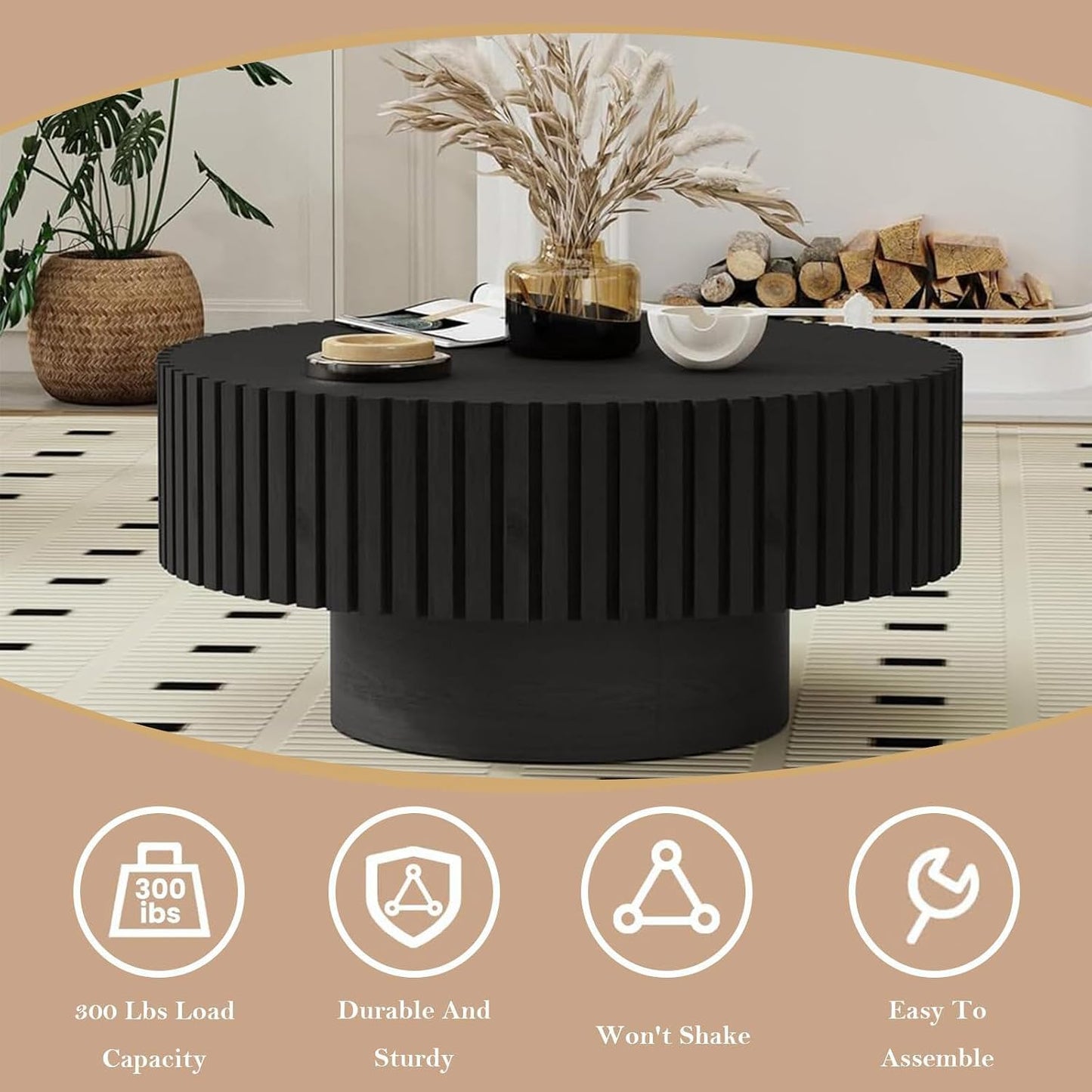 31.5" Round Drum Fluted Coffee Table (G) | Mid-Century Modern, Easy Assembly, Sturdy Pedestal, Center Tables for Apartment Living Room