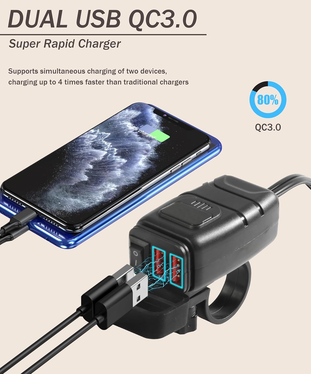 Bylikeho Motorcycle Phone Charger with Voltmeter & ON/Off Switch, SAE to USB Adapter for Phone, Tablet, GPS