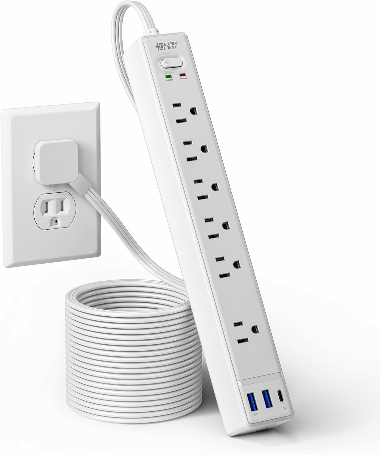10Ft Extension Cord with Multiple Outlets, SUPERDANNY Flat Plug Surge Protector Power Strip 10 Ft Long Cord, 6 Outlets & 3 USB Ports, Charging Station for Home Office, College Dorm Room Essentials