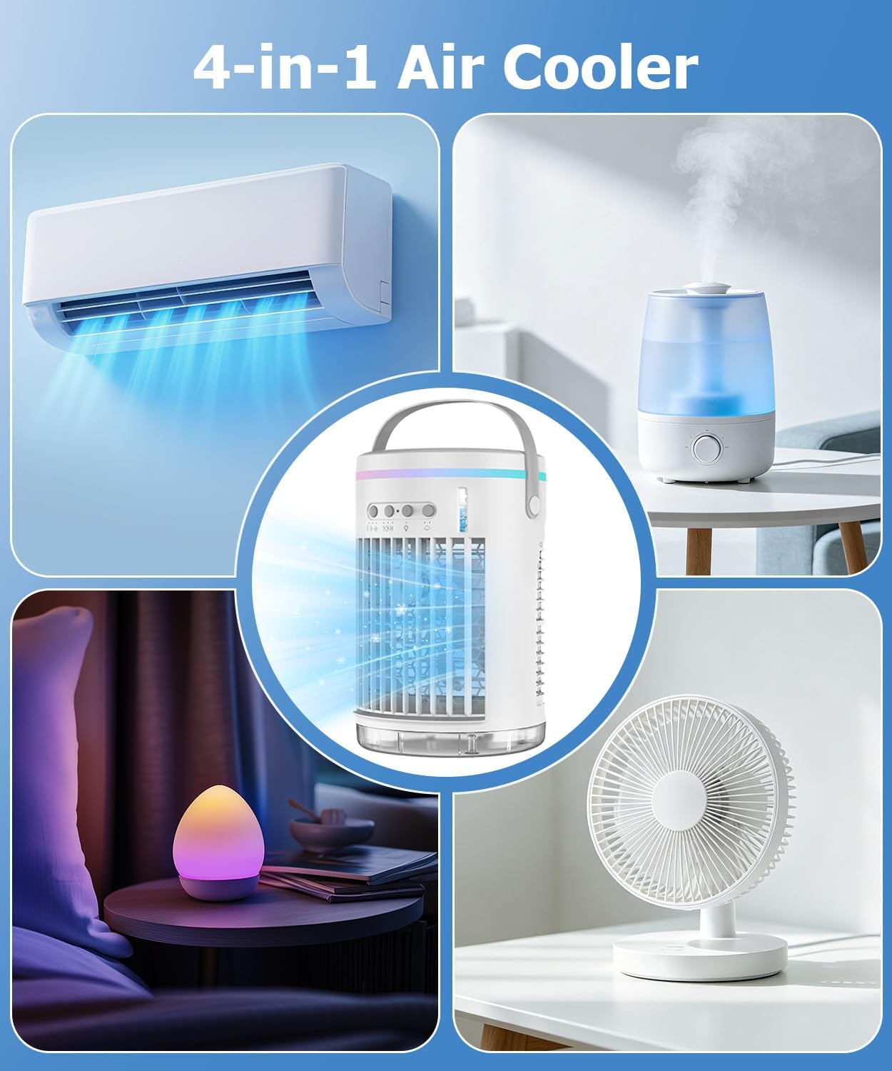 Portable Air Conditioners,4-in-1 Portable Fan，1400ml Mini Air Conditioner Air Cooler Fan with 3 Speeds & 1-4H Timer, Cooling Fans That Blow Cold Air for Bedroom Room Office Desk