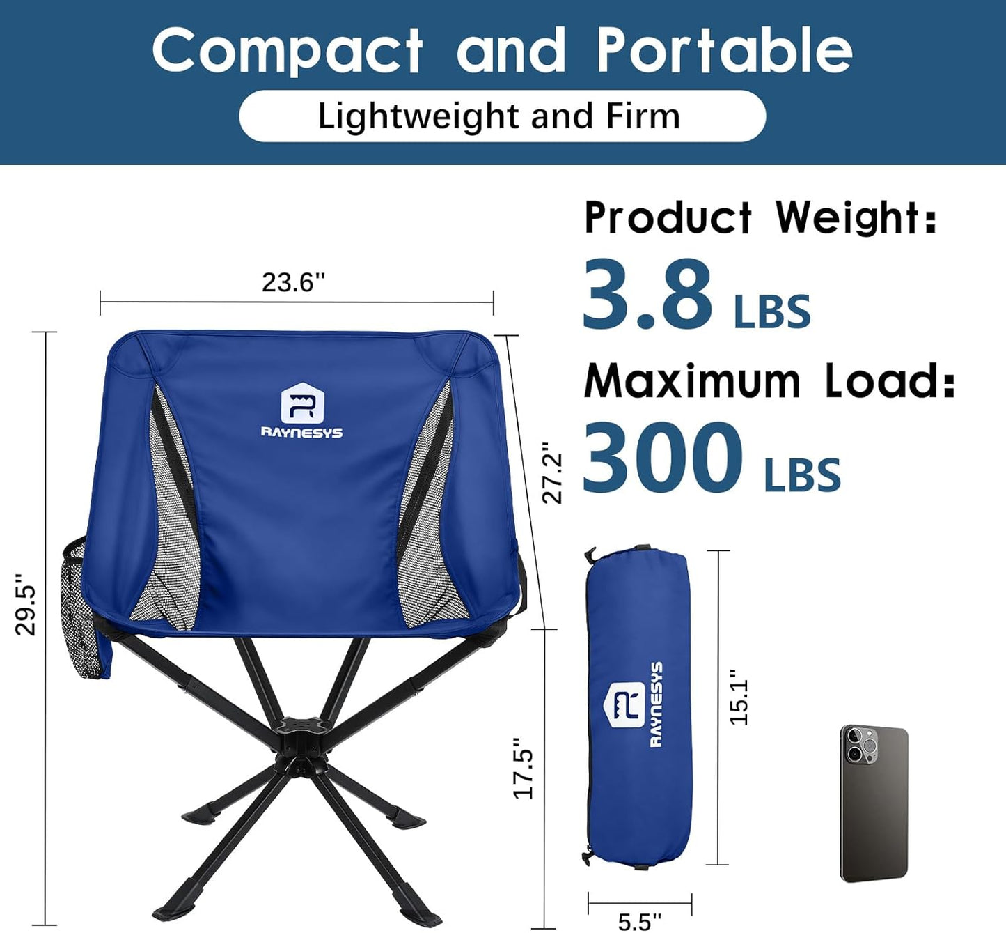 Raynesys Portable Camping Chair 1 Pack, 8 Seconds Quick Setup Folding Camping Chair, Flexible 360° Rotation, 3.8Lb Lightweight Travel Chairs for Easy Carry to Hiking, Sporting, Beach, Blue