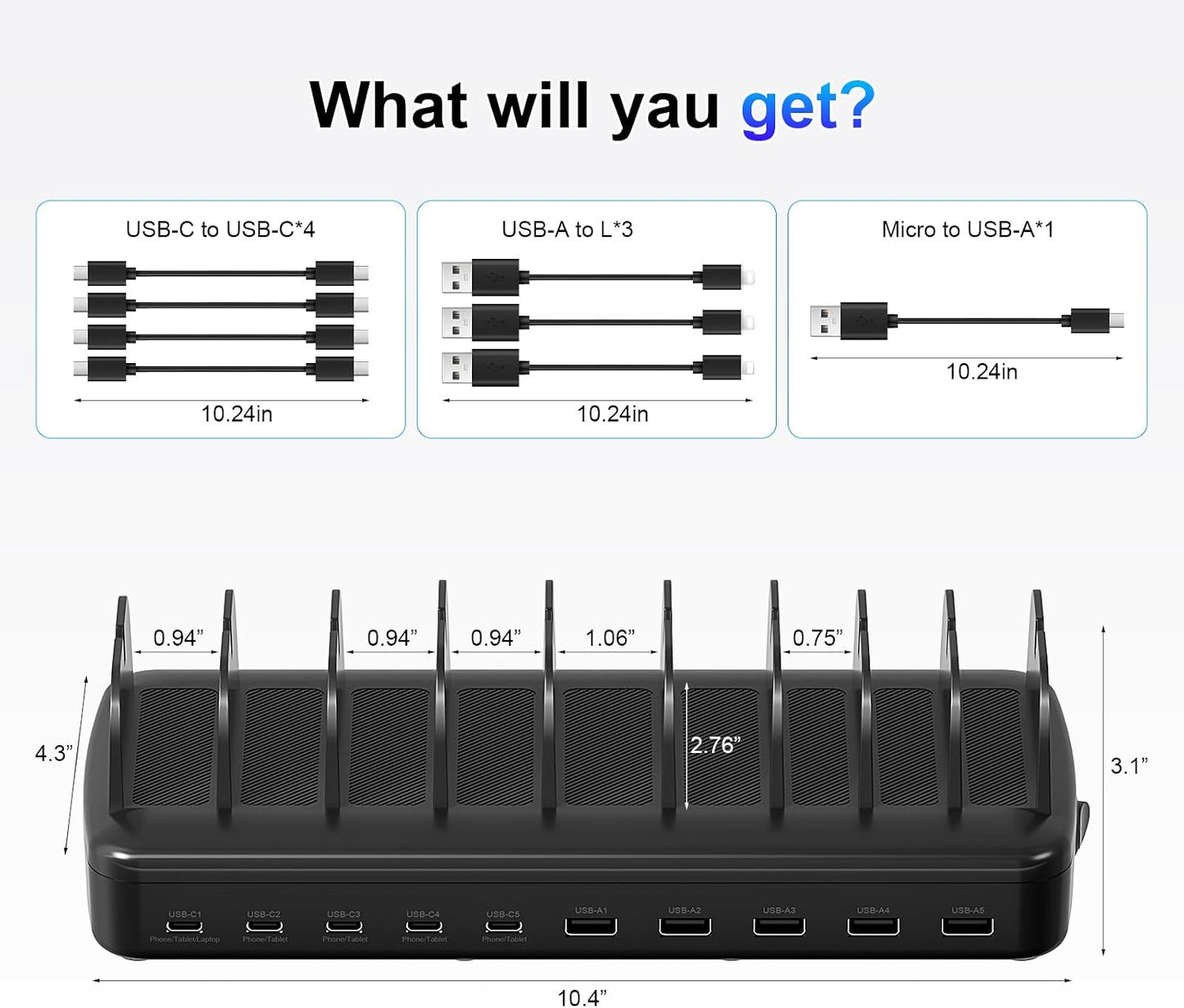 510W Fast Charging Station for Multiple Devices, 10 Port USB C Charger Station with Flame-Retardant Material & 8 Cables for iPhone, Android, iPad, Tablets, Family Office Desk Charging Dock Organizer