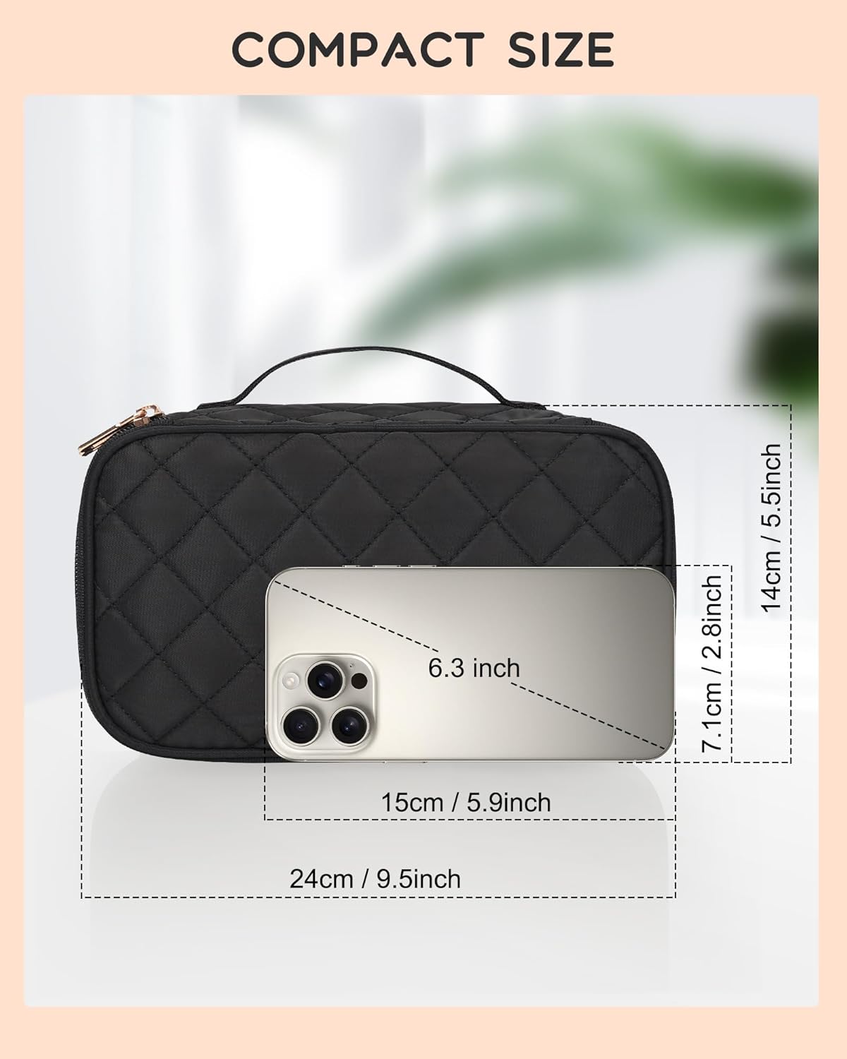 Relavel Small Makeup Bag, Travel Makeup Bag, Cosmetic Bag for Women, 2 Layer Makeup Organizer, Black Make Up Pouch Waterproof, Makeup Brush Holder, Durable Zipper (Black)
