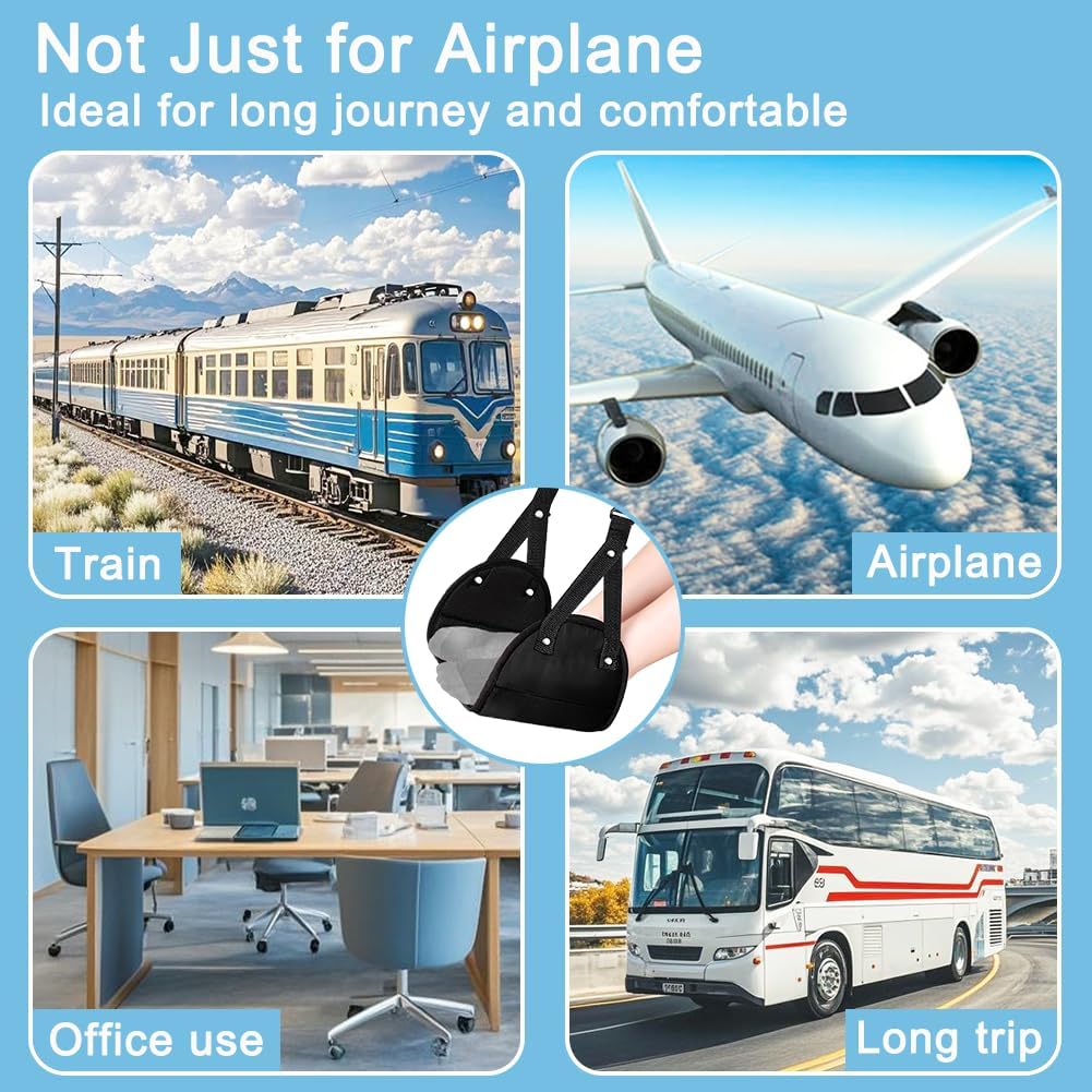 Aksiko 2 Pack Airplane Travel Footrest Hammocks, Adjustable, Black, Memory Foam, Foot Hammock for Airplane Travel