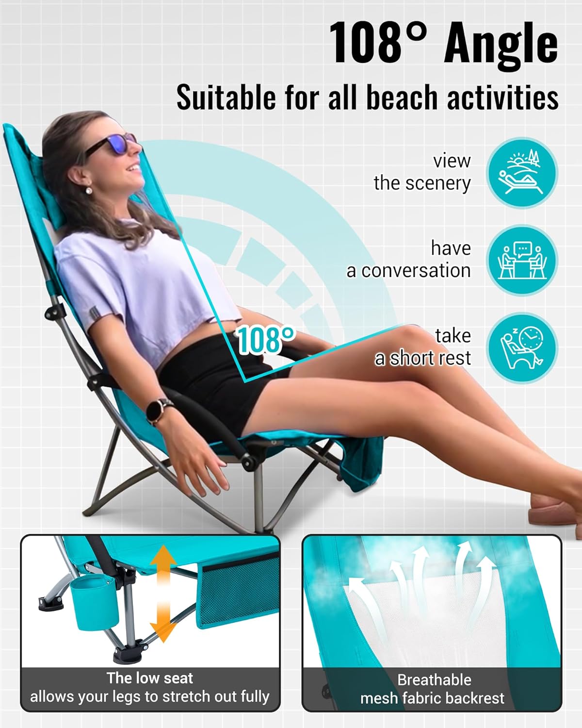 KingCamp Low Beach Chair, High Back Folding Camping Chair for Adults, Oversized Breathable Mesh Seat, 300lbs Heavy Duty Portable Chair with Cup Holder & Storage Pockets for Beach, Outdoor