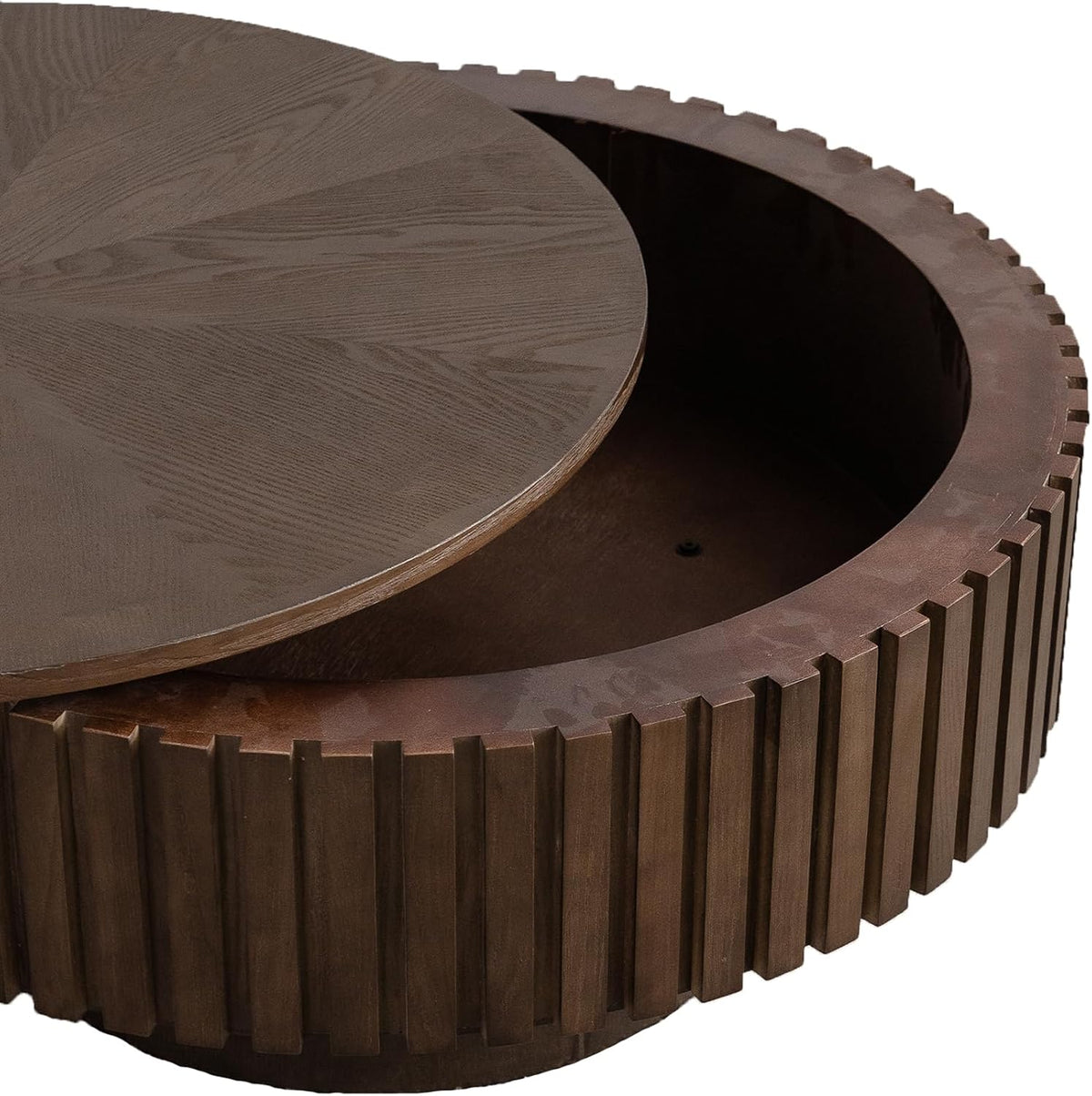 31" Brown Round Wood Fluted Drum Coffee Table with Storage (H, 1PC)