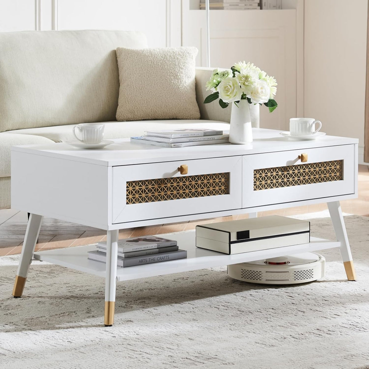 JYED DECOR White Coffee Table with Storage Drawers & Open Shelf, Mid Century & Boho Living Room Table with Gold Metal Designed for Home