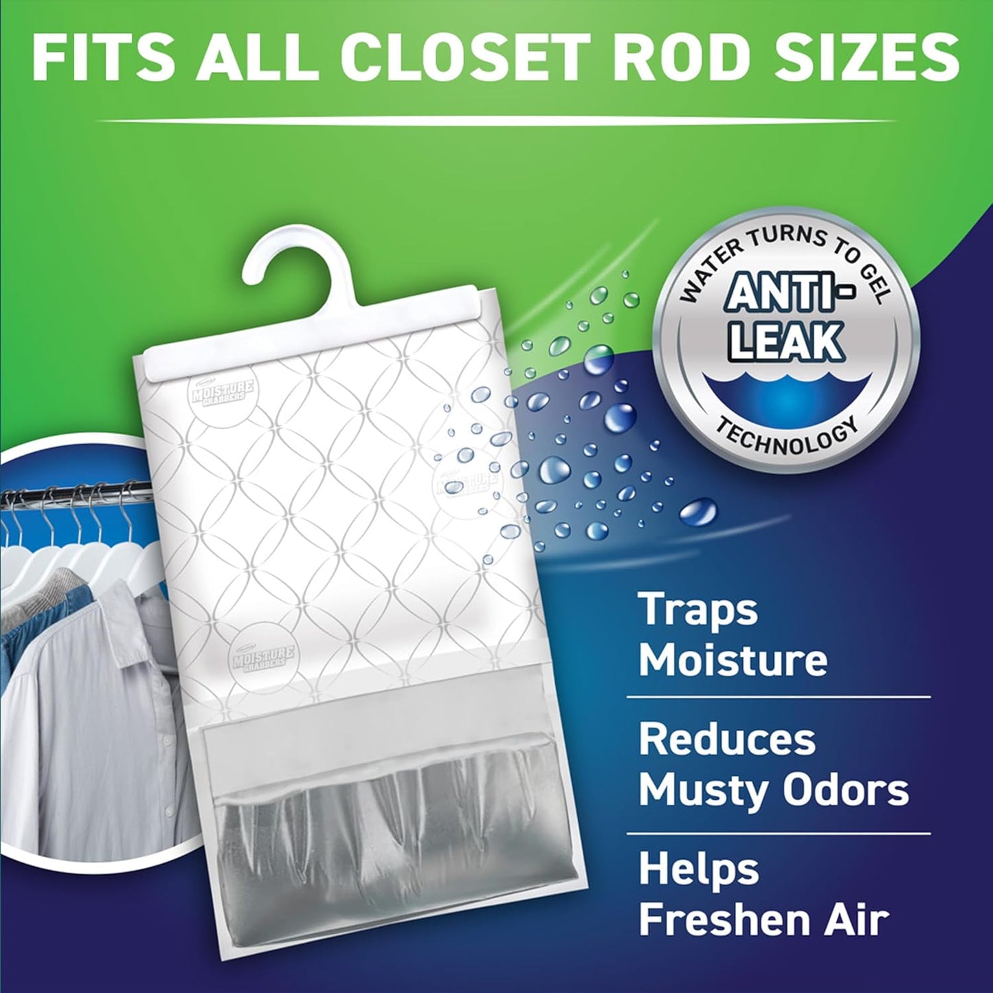 Concrobium Moisture Grabbers, 3-Pack 17.5 oz Bags (Fragrance-Free) — Powerful Moisture Absorber with Anti-Leak Gel, Covers Up to 350 cu ft, Eliminates Musty Odors for Fresher Air