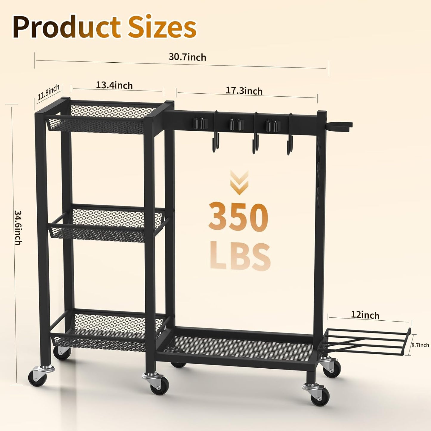 Broom Holder with Cleaning Supplies Organizer Load 350 LBS Cleaning Cart with Wheels Broom Closet Storage with 3-Tier Shelves, 6 Mop Hanger Grippers, 3 Double-Hooks, Vacuum Stand for Laundry Garage