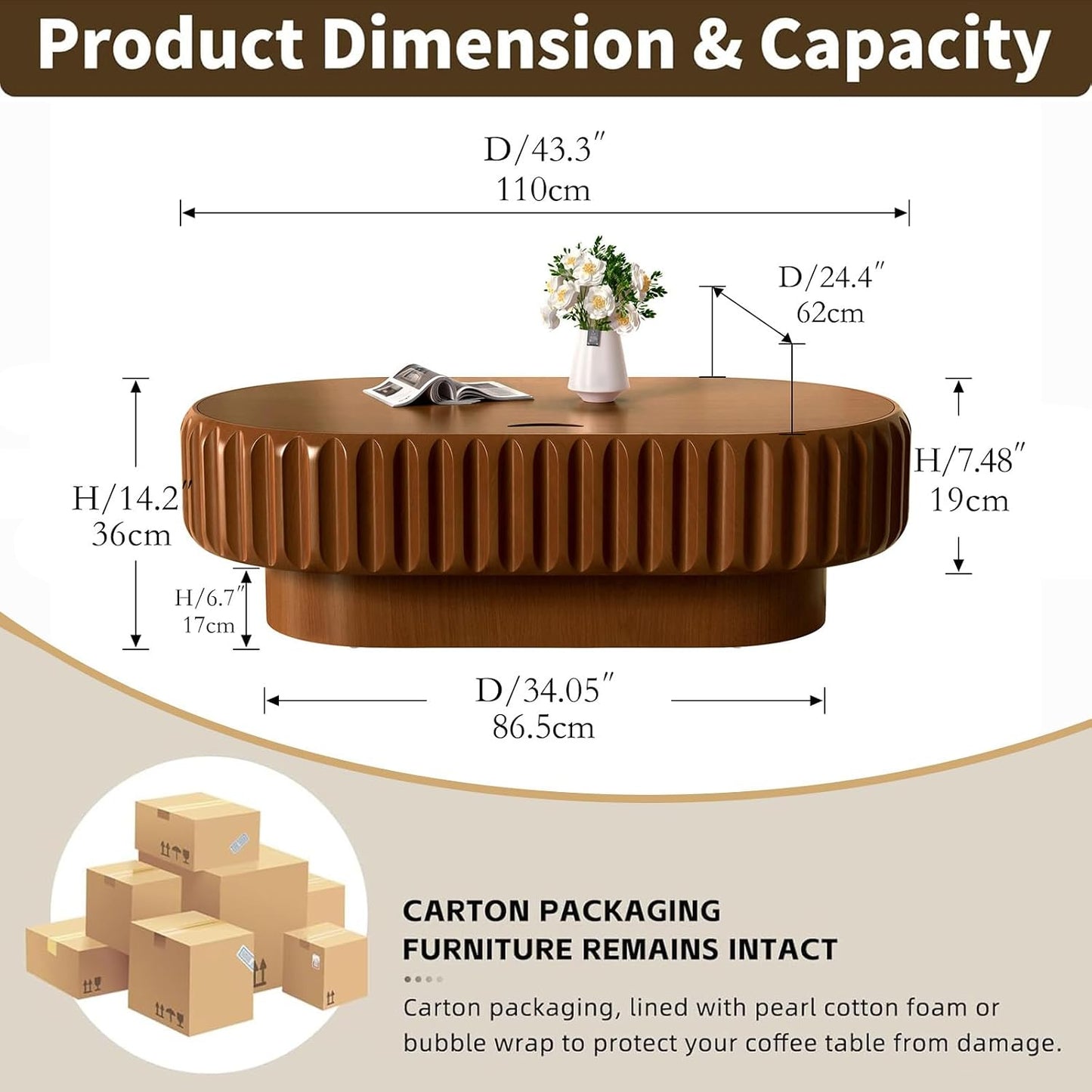 Mid Century Modern Oval Fluted Coffee Table with Storage (P) | Handcraft Drum Coffee Table, Sturdy Pedestal, Wood Veneer Top, for Living Room Reception Room Farmhouse