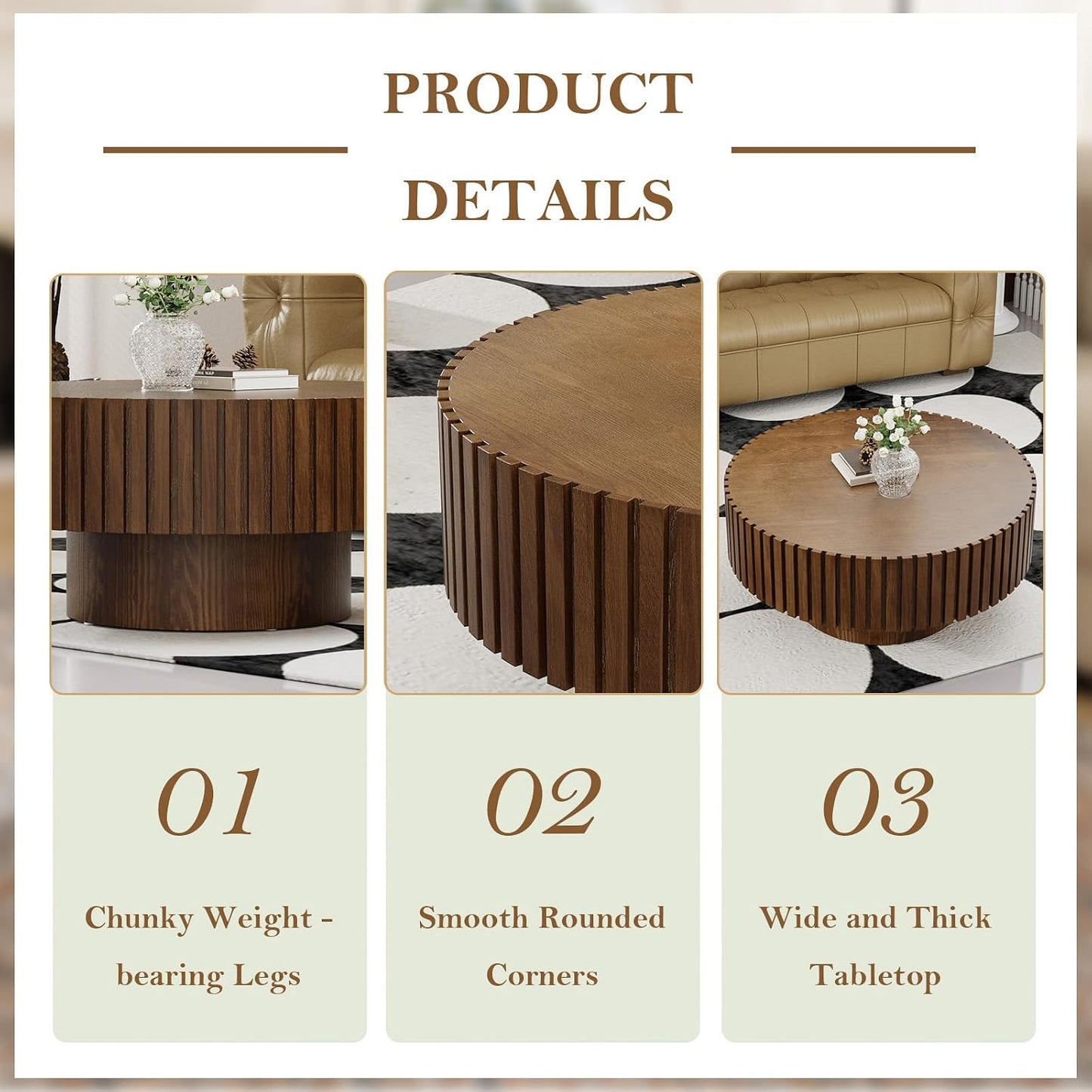 31.5" Round Drum Fluted Coffee Table (H) | Mid-Century Modern, Easy Assembly, Sturdy Pedestal, Center Tables for Apartment Living Room