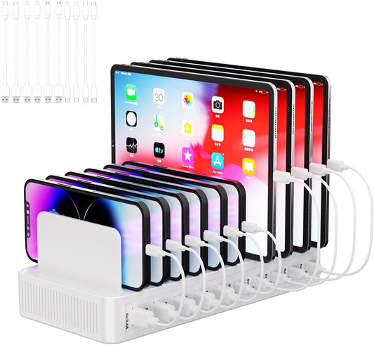 60W Charging Station for Multiple Devices, 10-Port USB Fast Charger | Device Organizer Charging Dock with 10 Mixed Charging Cable & Adjustable Dividers for iPhone, Android, iPad, Tablets & More