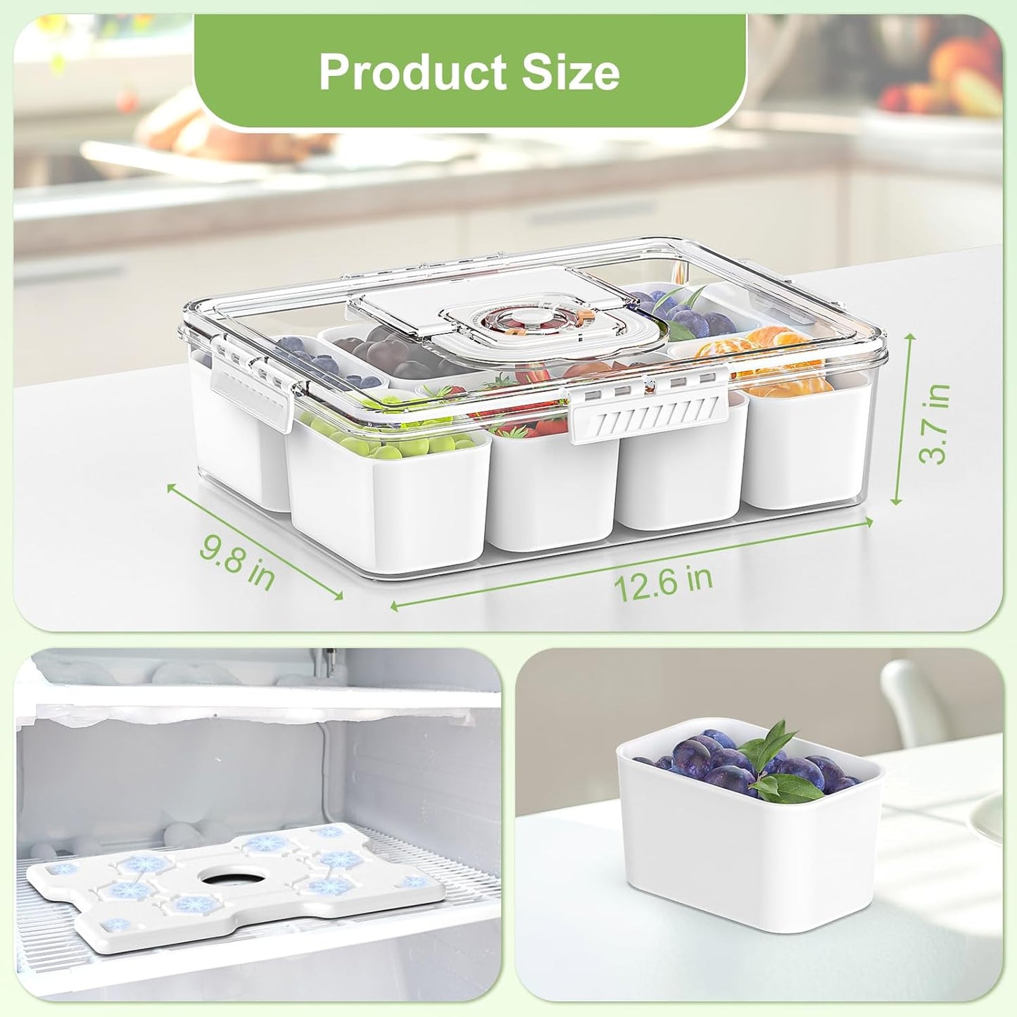 Chilled Snackle Box Container with Ice Pack, Bonus Insulated Bag Charcoolerie Chilled Portable Serving Tray, 8 Compartment Snack Container for Charcuterie Snack Road Trip Picnic Essentials