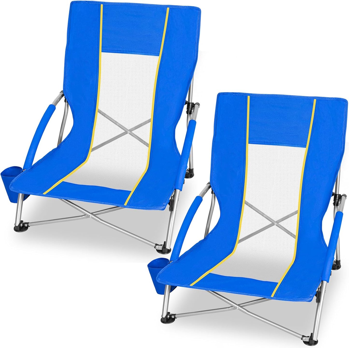 Romswi 2 Pack Lightweight Low Beach Chairs with Breathable Mesh Back, 6LBS Folding Portable Sand Chairs with Cup Holder, Heavy Duty 400lbs Capacity for Camping & Outdoor Use, Blue