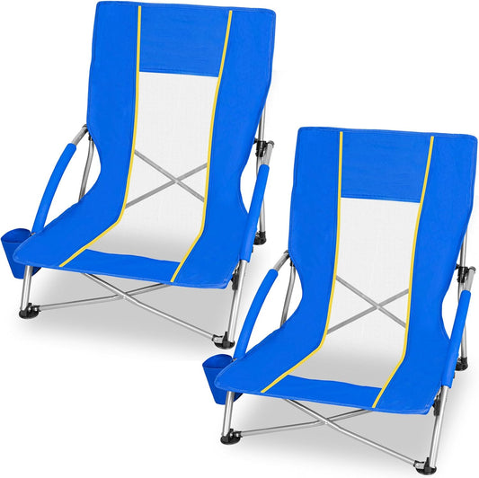 Romswi 2 Pack Lightweight Low Beach Chairs with Breathable Mesh Back, 6LBS Folding Portable Sand Chairs with Cup Holder, Heavy Duty 400lbs Capacity for Camping & Outdoor Use, Blue